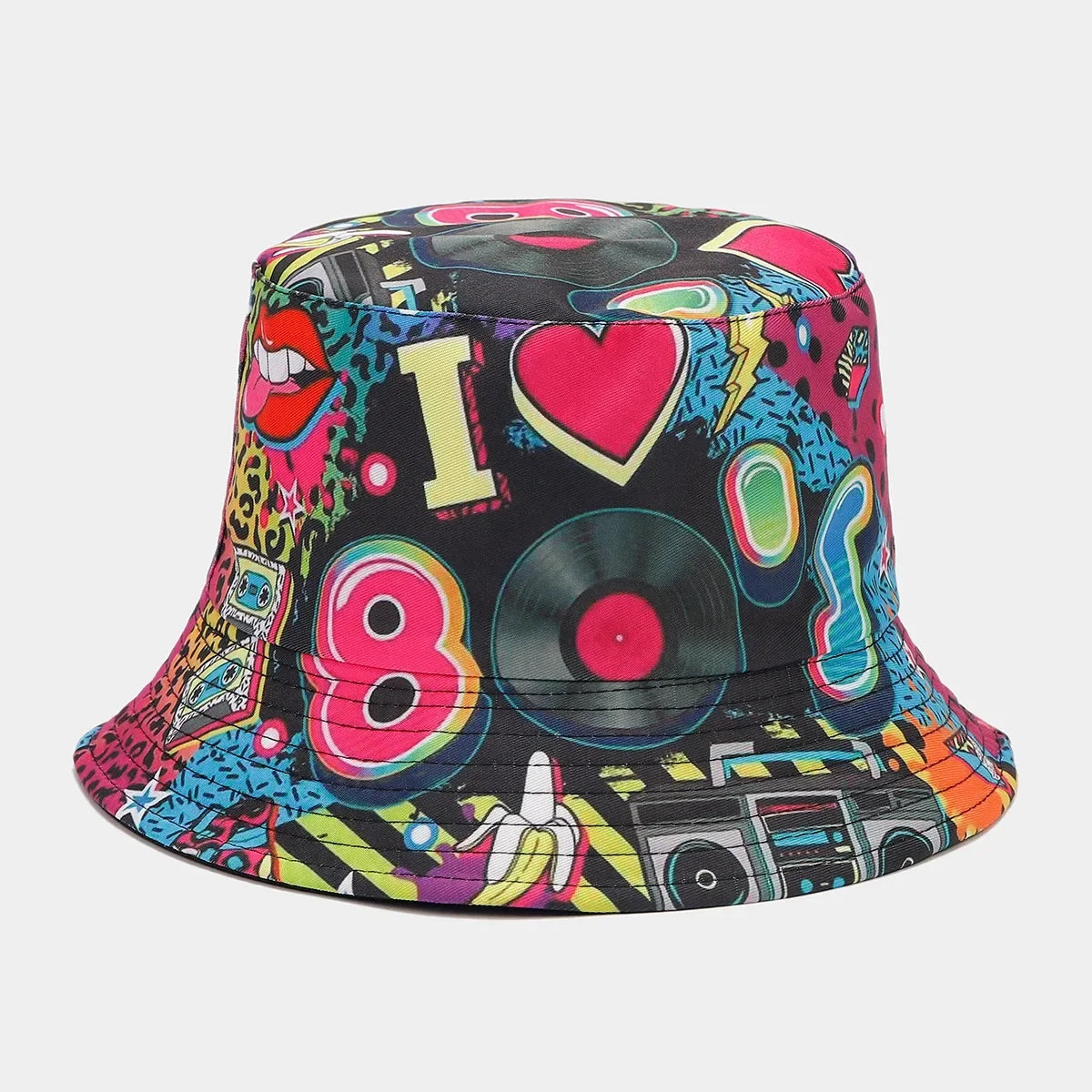 Summer Vintage 80 90 Party Graffiti Bucket Hat Men Women Reversible Panama European  American Classics Bob Fishing Beach Sun Hat
