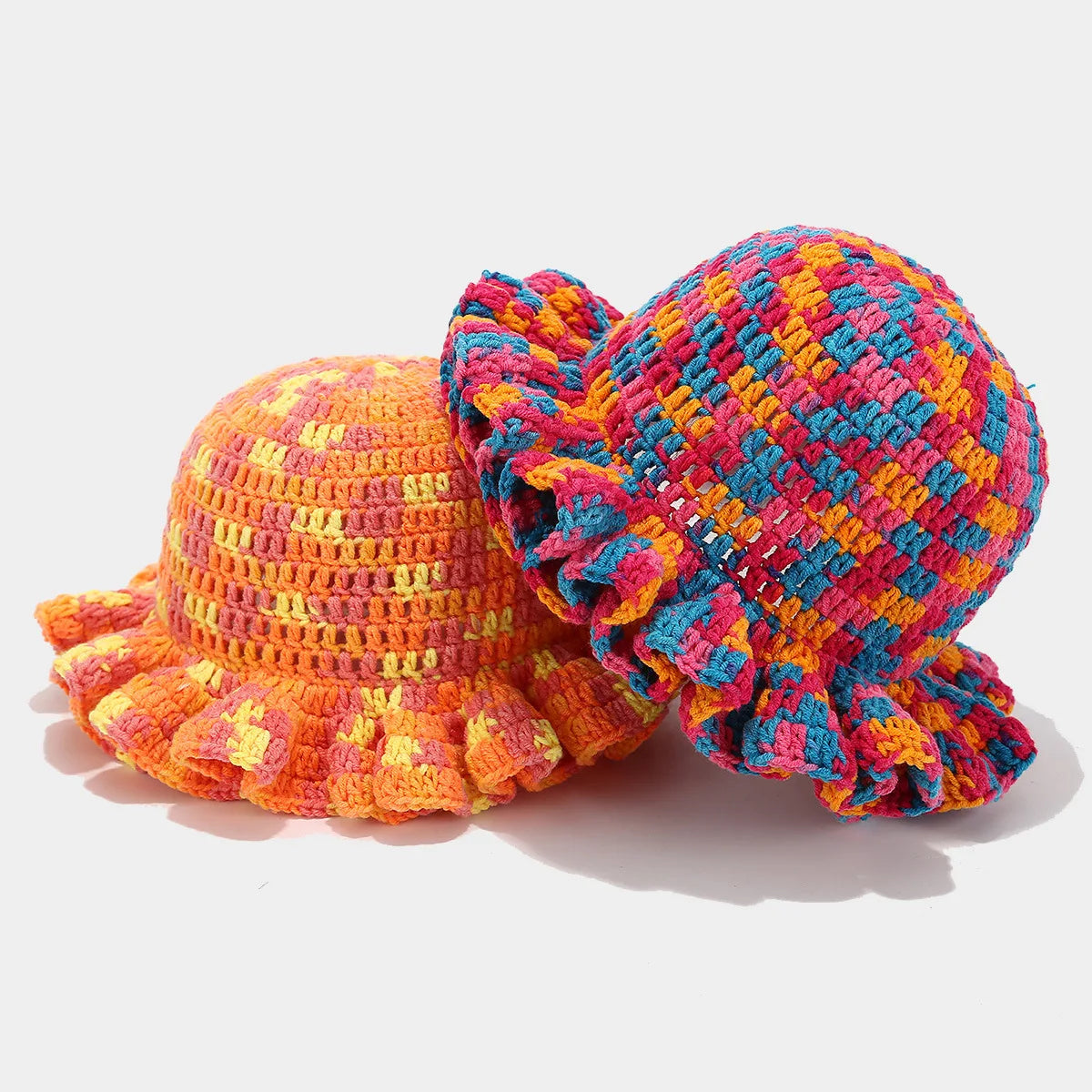 Ruffle Edge Knitted Bucket Hat Cross-border Hot Sale Hand Crocheted Hat Fashionable Colored Frilly Wool Bucket Hat