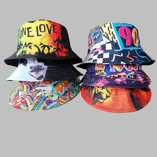 Graffiti bucket hat double-sided wearing retro sunshade sunscreen hat men and women outdoor versatile hip-hop printed pot hat