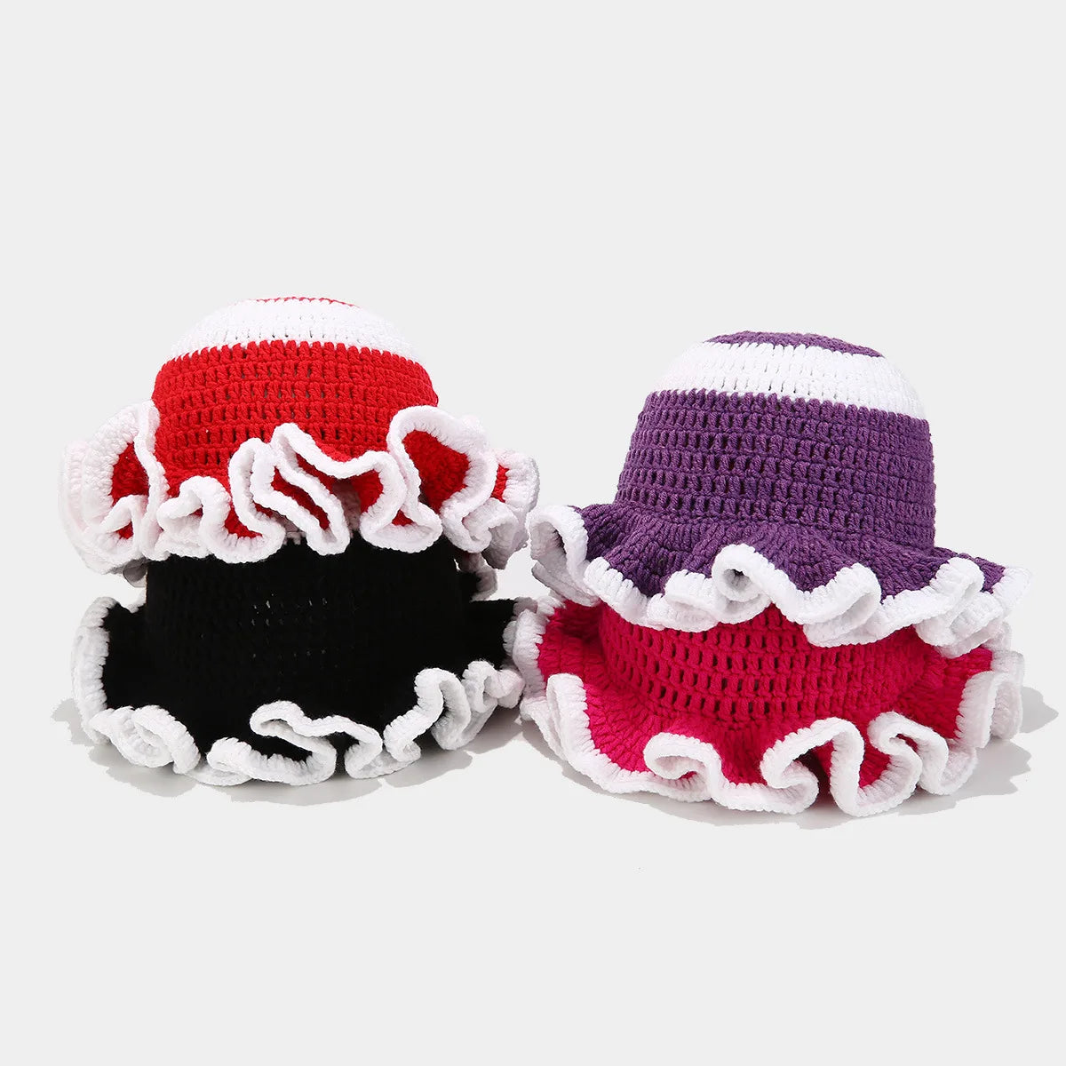 Ruffle Edge Knitted Bucket Hat Cross-border Hot Sale Hand Crocheted Hat Fashionable Colored Frilly Wool Bucket Hat