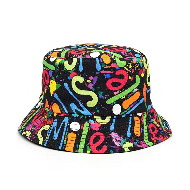 Graffiti bucket hat double-sided wearing retro sunshade sunscreen hat men and women outdoor versatile hip-hop printed pot hat
