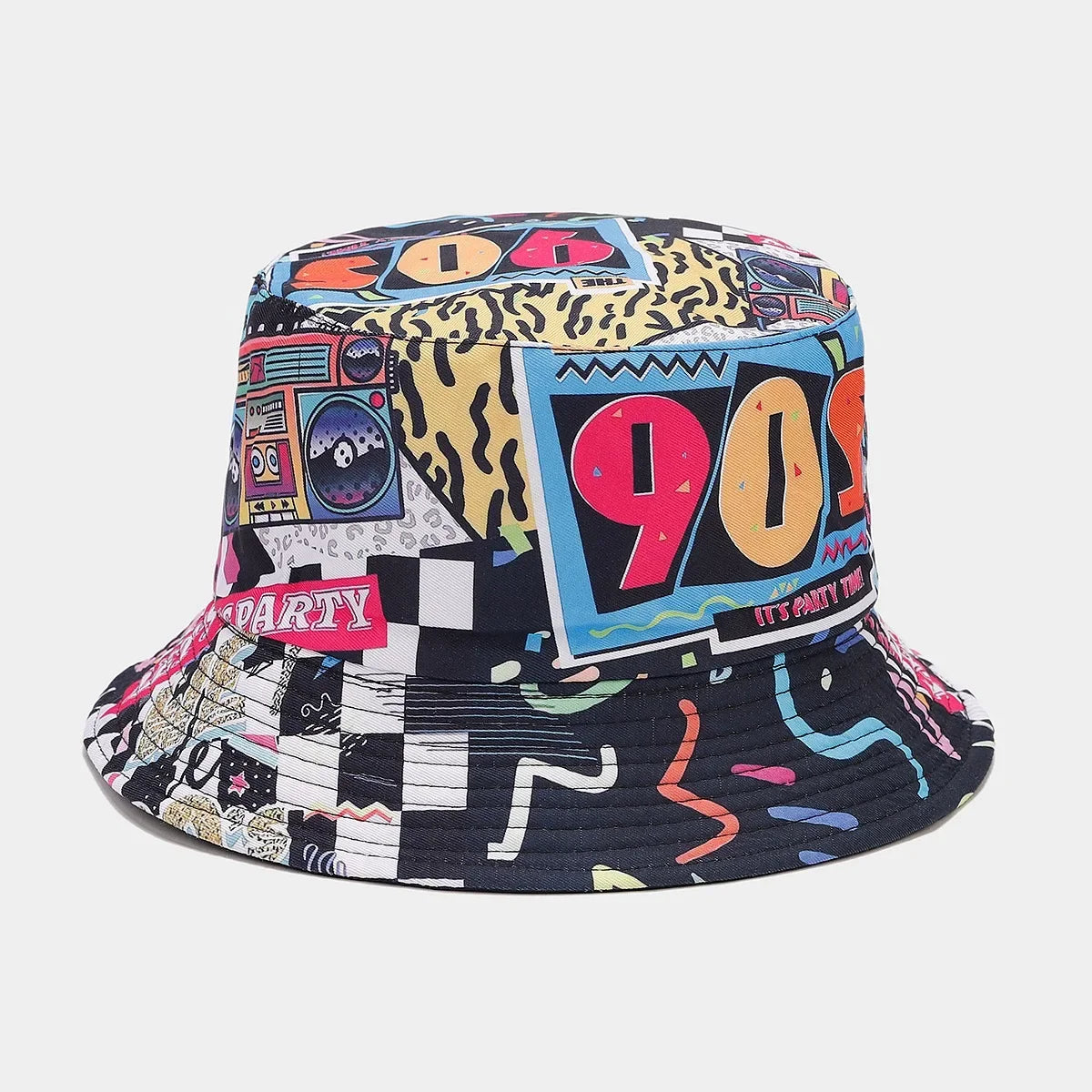 Summer Vintage 80 90 Party Graffiti Bucket Hat Men Women Reversible Panama European  American Classics Bob Fishing Beach Sun Hat