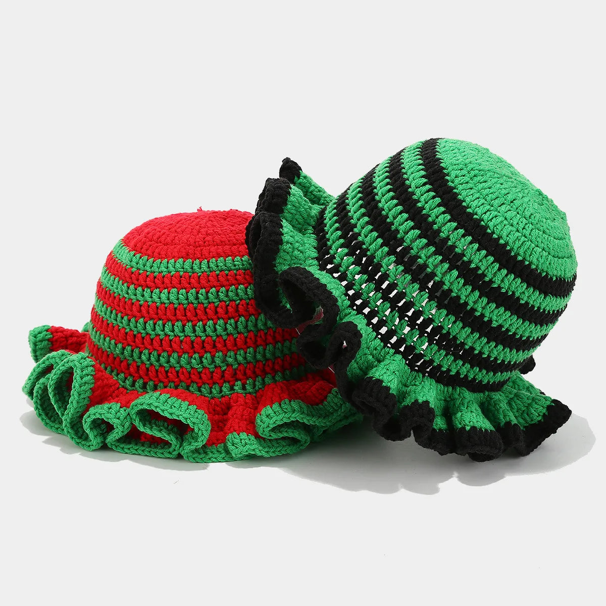 Ruffle Edge Knitted Bucket Hat Cross-border Hot Sale Hand Crocheted Hat Fashionable Colored Frilly Wool Bucket Hat