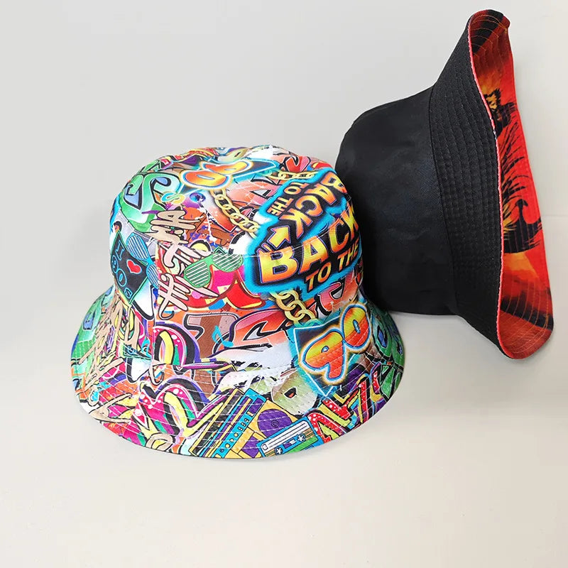 Graffiti bucket hat double-sided wearing retro sunshade sunscreen hat men and women outdoor versatile hip-hop printed pot hat