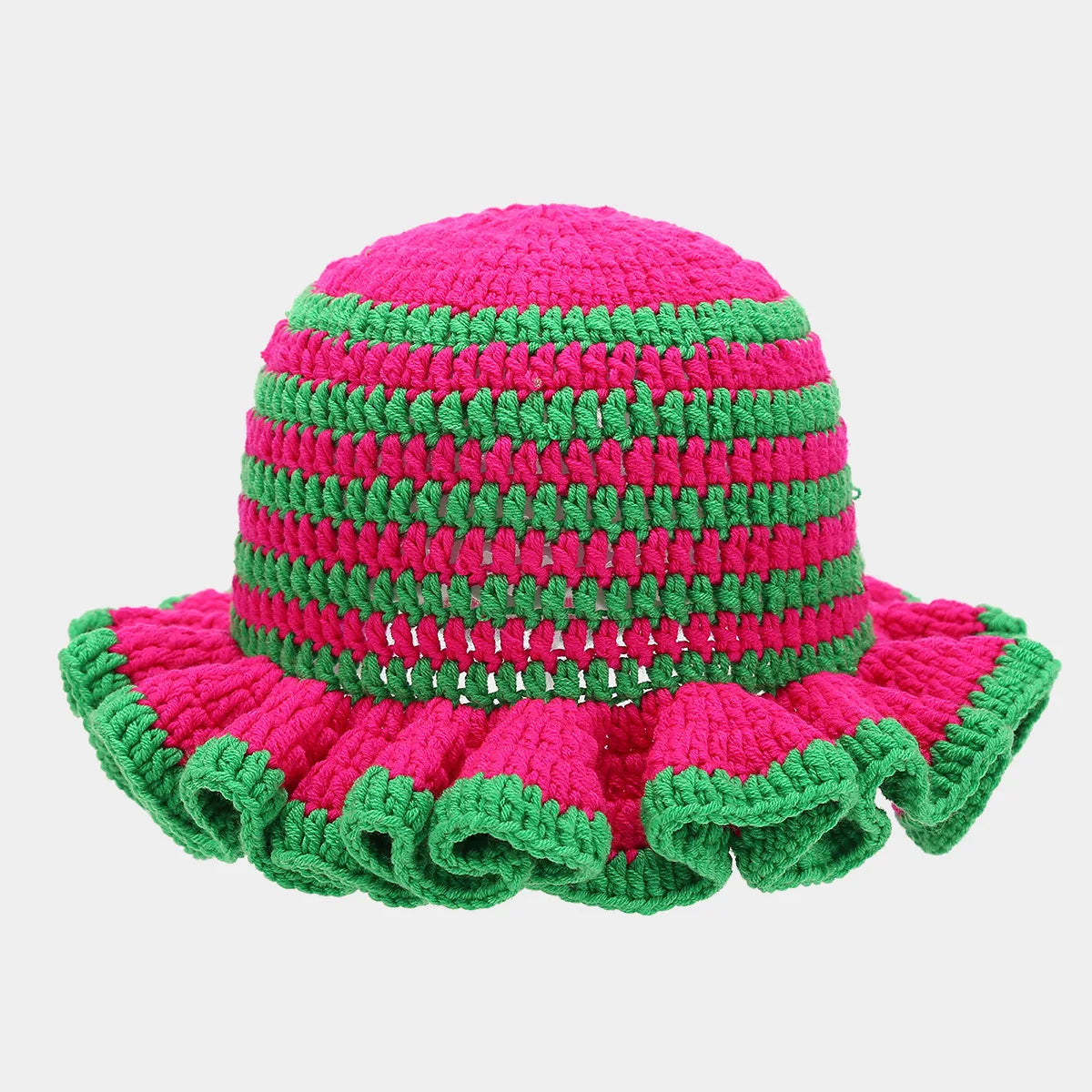 Ruffle Edge Knitted Bucket Hat Cross-border Hot Sale Hand Crocheted Hat Fashionable Colored Frilly Wool Bucket Hat