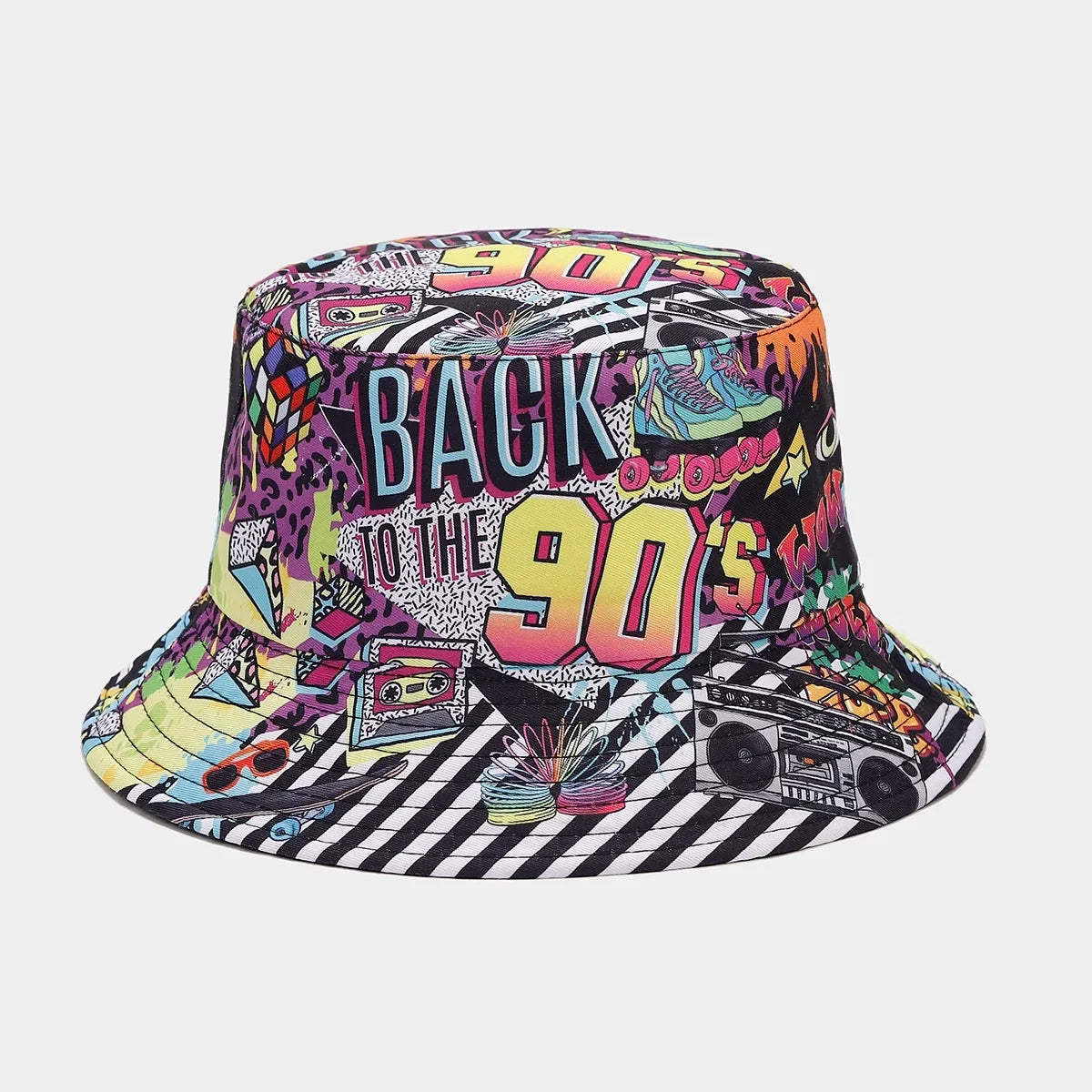 Summer Vintage 80 90 Party Graffiti Bucket Hat Men Women Reversible Panama European  American Classics Bob Fishing Beach Sun Hat