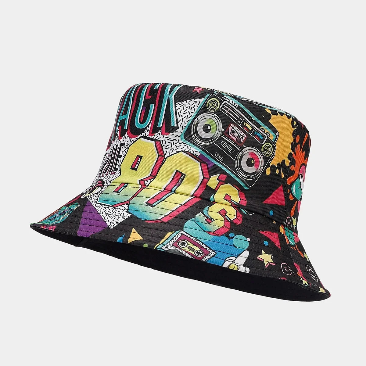 Summer Vintage 80 90 Party Graffiti Bucket Hat Men Women Reversible Panama European  American Classics Bob Fishing Beach Sun Hat