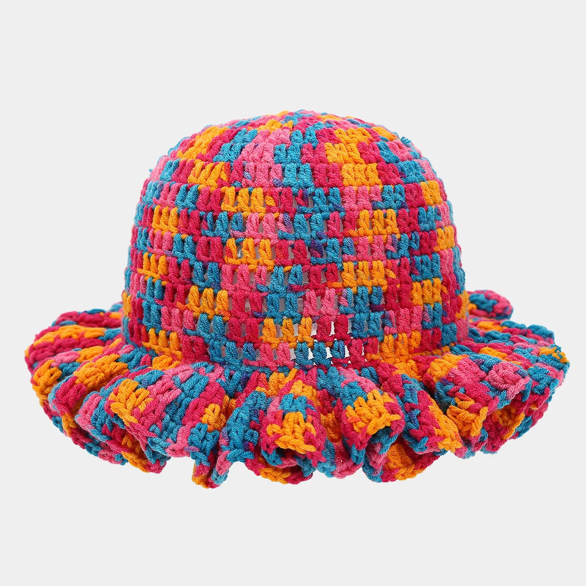 Ruffle Edge Knitted Bucket Hat Cross-border Hot Sale Hand Crocheted Hat Fashionable Colored Frilly Wool Bucket Hat