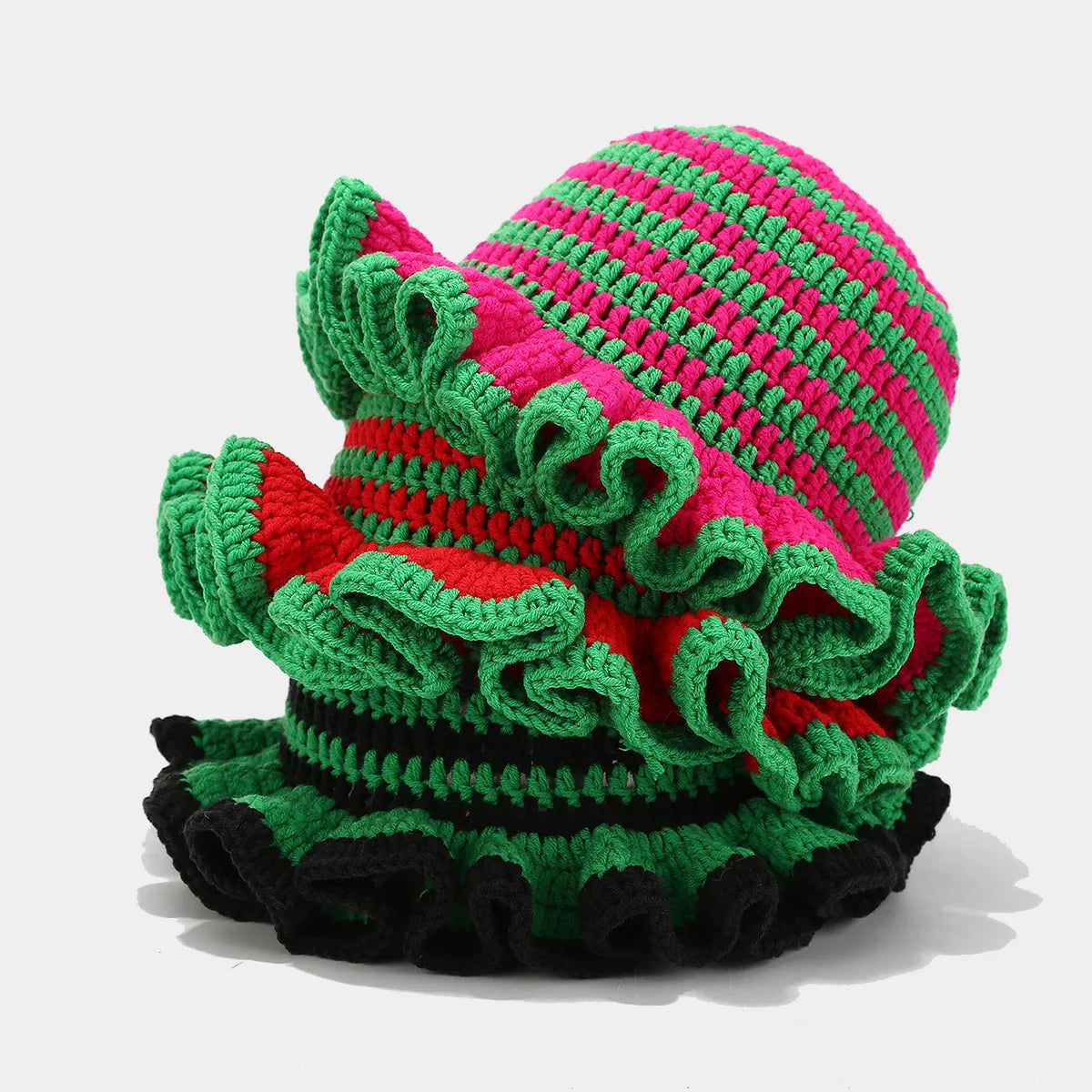 Ruffle Edge Knitted Bucket Hat Cross-border Hot Sale Hand Crocheted Hat Fashionable Colored Frilly Wool Bucket Hat