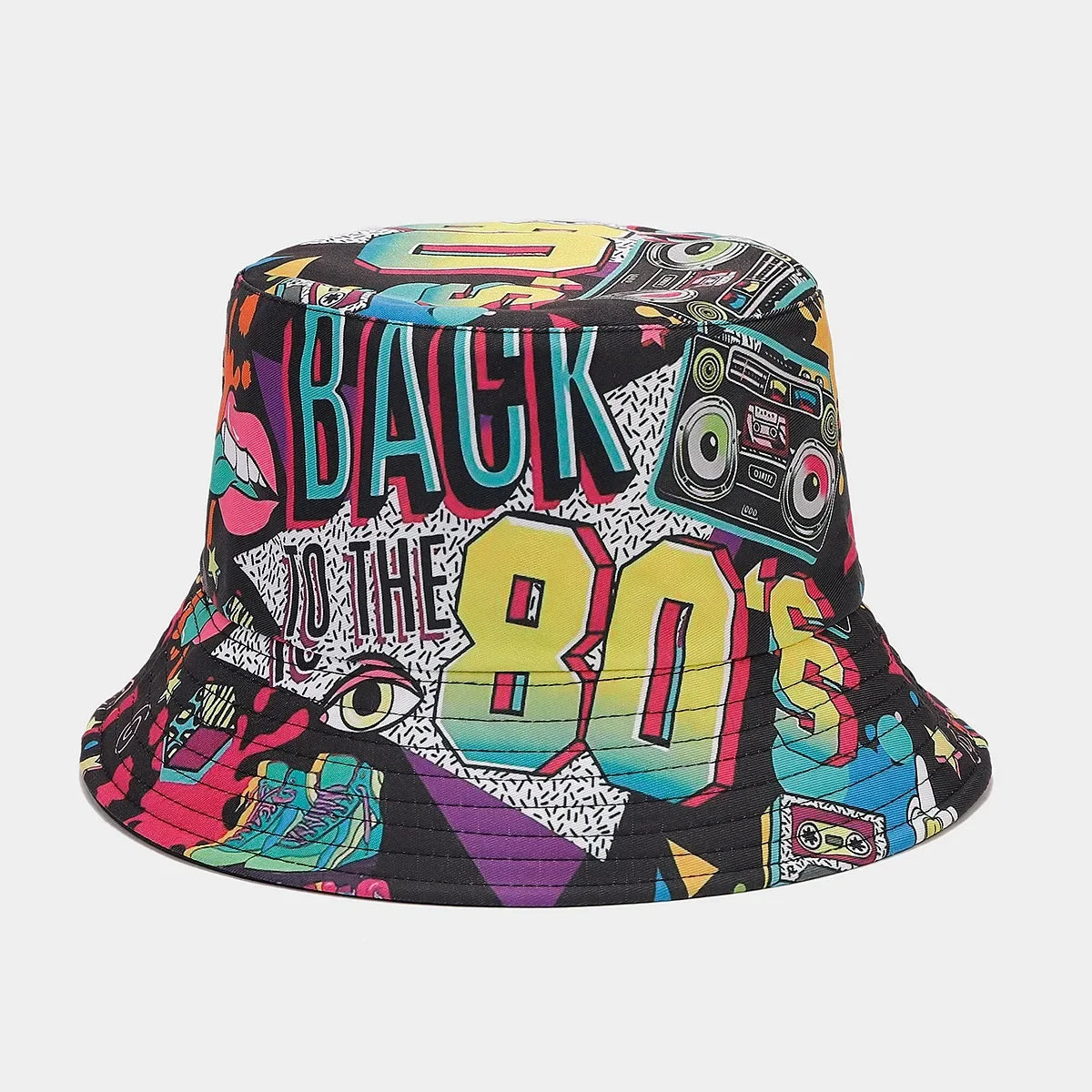 Summer Vintage 80 90 Party Graffiti Bucket Hat Men Women Reversible Panama European  American Classics Bob Fishing Beach Sun Hat