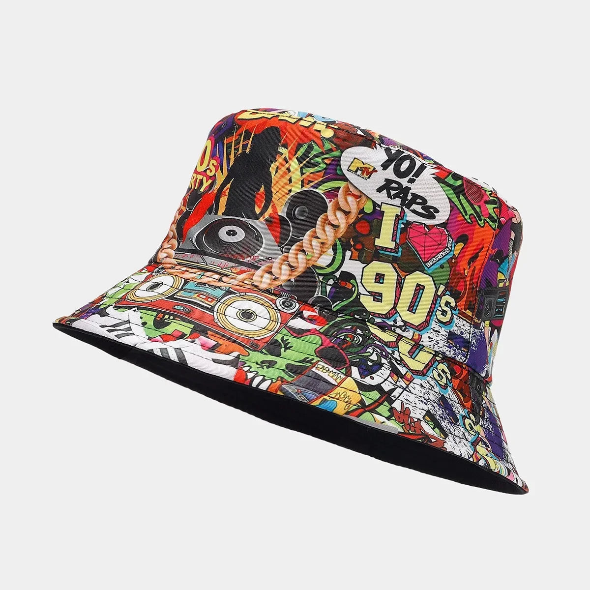 Summer Vintage 80 90 Party Graffiti Bucket Hat Men Women Reversible Panama European  American Classics Bob Fishing Beach Sun Hat