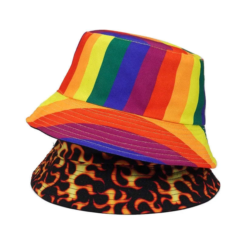 Vintage Rainbow Printed Fishing Hat Summer Fisherman Hat Reversible Bucket Hats For Women Men Street Hip Hop Bucket Cap 2023