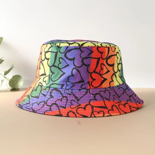 Rainbow Love Printed Reversible Bucket Hat European and American Men Fashionable Versatile Basin Hat Outdoor Sunshade Hat Women