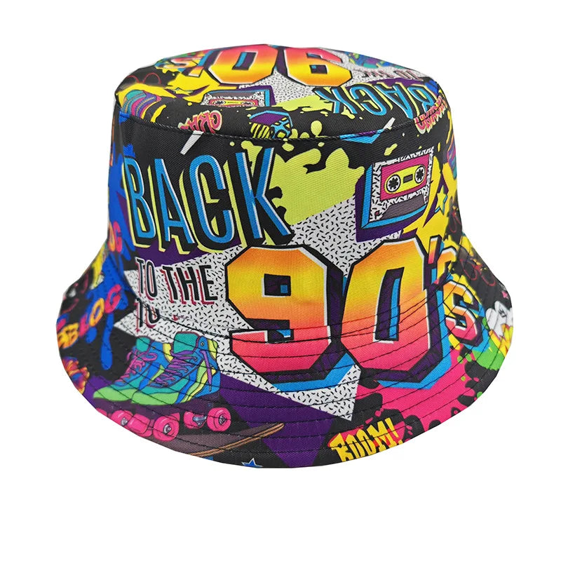 Graffiti bucket hat double-sided wearing retro sunshade sunscreen hat men and women outdoor versatile hip-hop printed pot hat