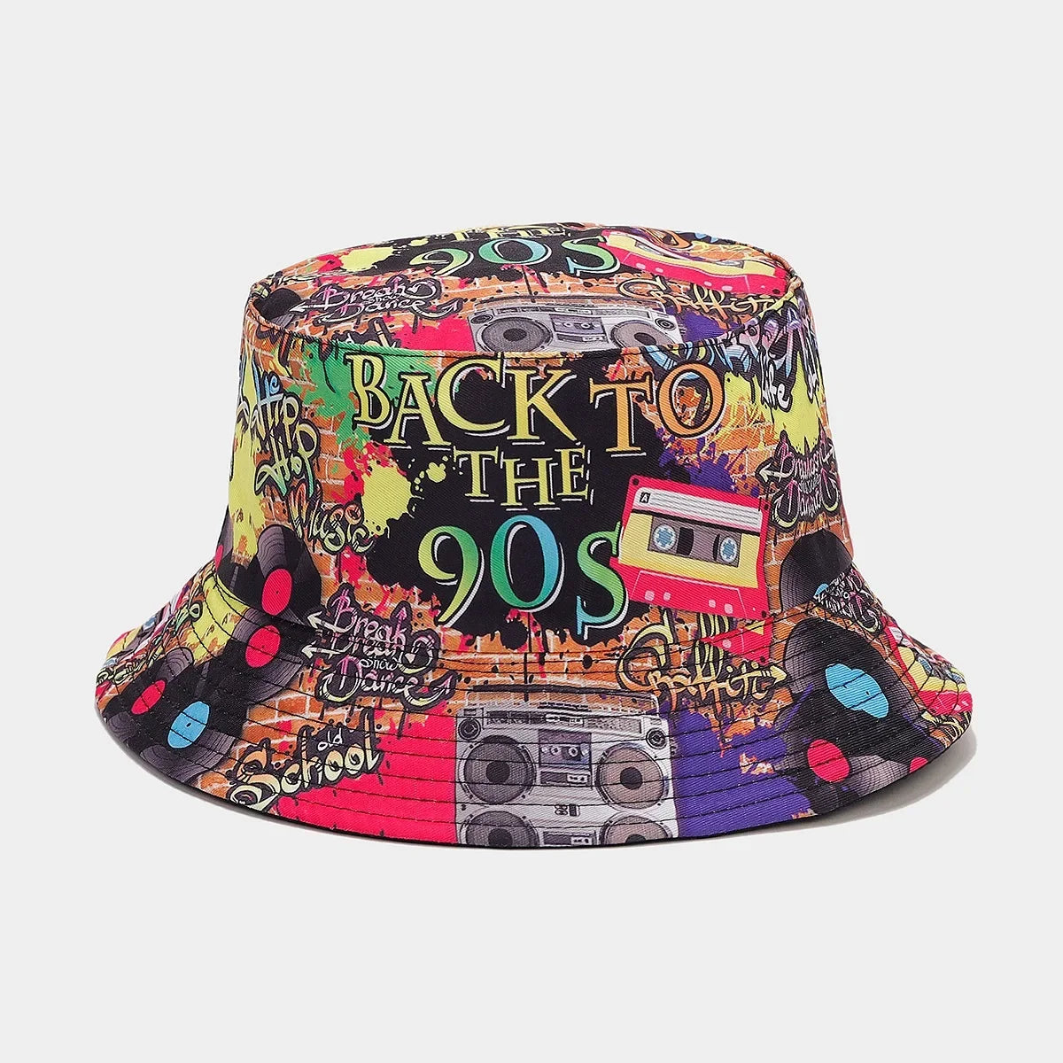 Summer Vintage 80 90 Party Graffiti Bucket Hat Men Women Reversible Panama European  American Classics Bob Fishing Beach Sun Hat