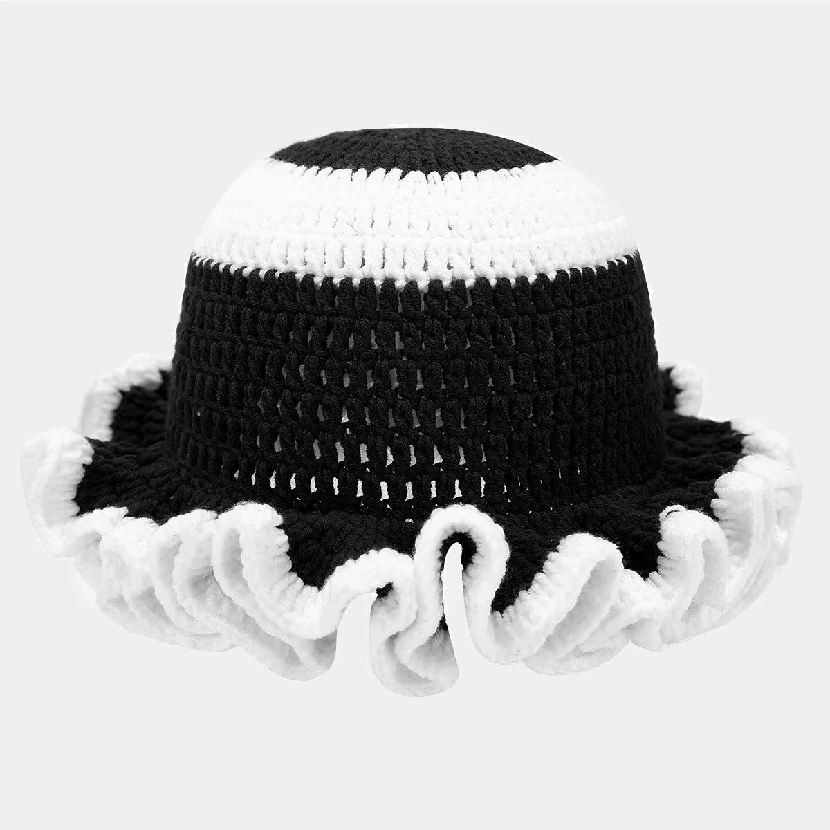 Ruffle Edge Knitted Bucket Hat Cross-border Hot Sale Hand Crocheted Hat Fashionable Colored Frilly Wool Bucket Hat