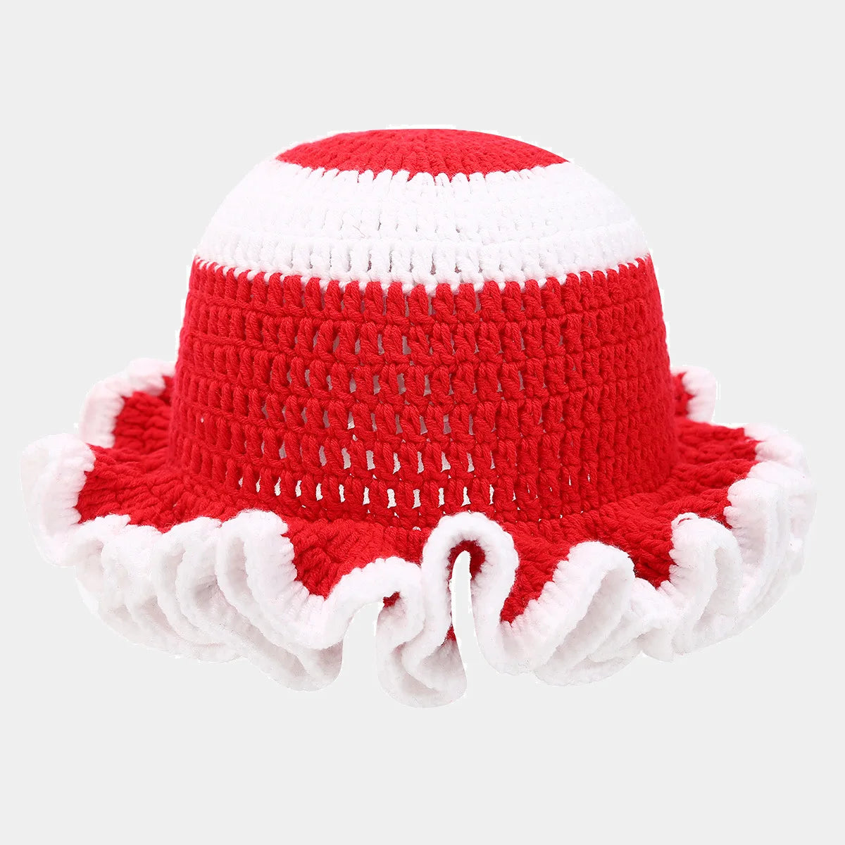 Ruffle Edge Knitted Bucket Hat Cross-border Hot Sale Hand Crocheted Hat Fashionable Colored Frilly Wool Bucket Hat