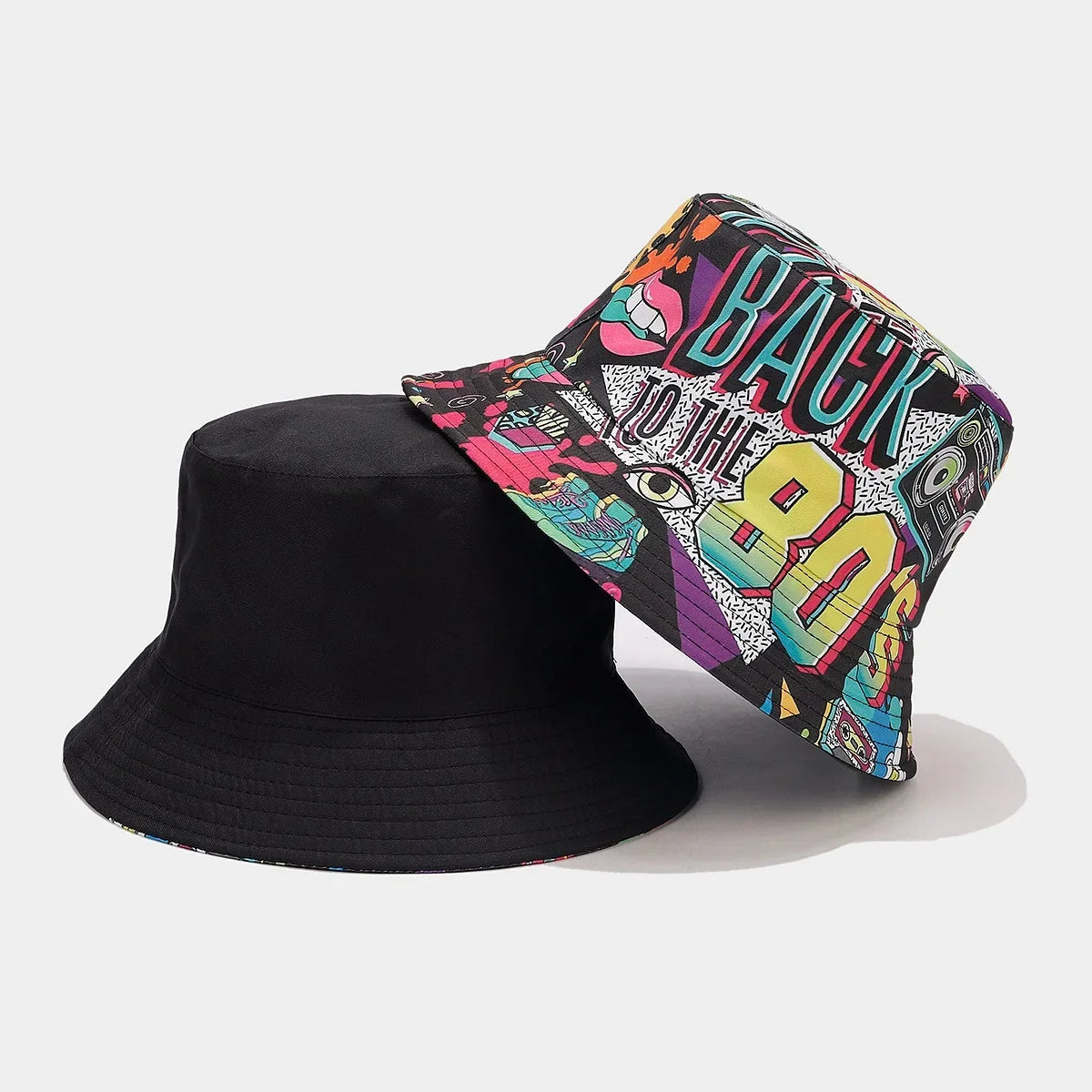Summer Vintage 80 90 Party Graffiti Bucket Hat Men Women Reversible Panama European  American Classics Bob Fishing Beach Sun Hat