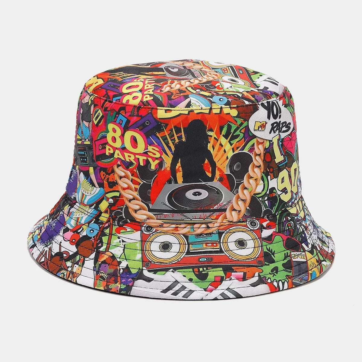 Summer Vintage 80 90 Party Graffiti Bucket Hat Men Women Reversible Panama European  American Classics Bob Fishing Beach Sun Hat