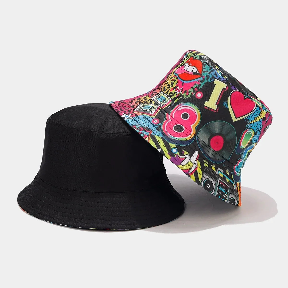 Summer Vintage 80 90 Party Graffiti Bucket Hat Men Women Reversible Panama European  American Classics Bob Fishing Beach Sun Hat