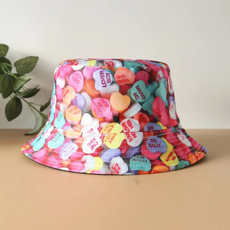 Rainbow Love Printed Reversible Bucket Hat European and American Men Fashionable Versatile Basin Hat Outdoor Sunshade Hat Women