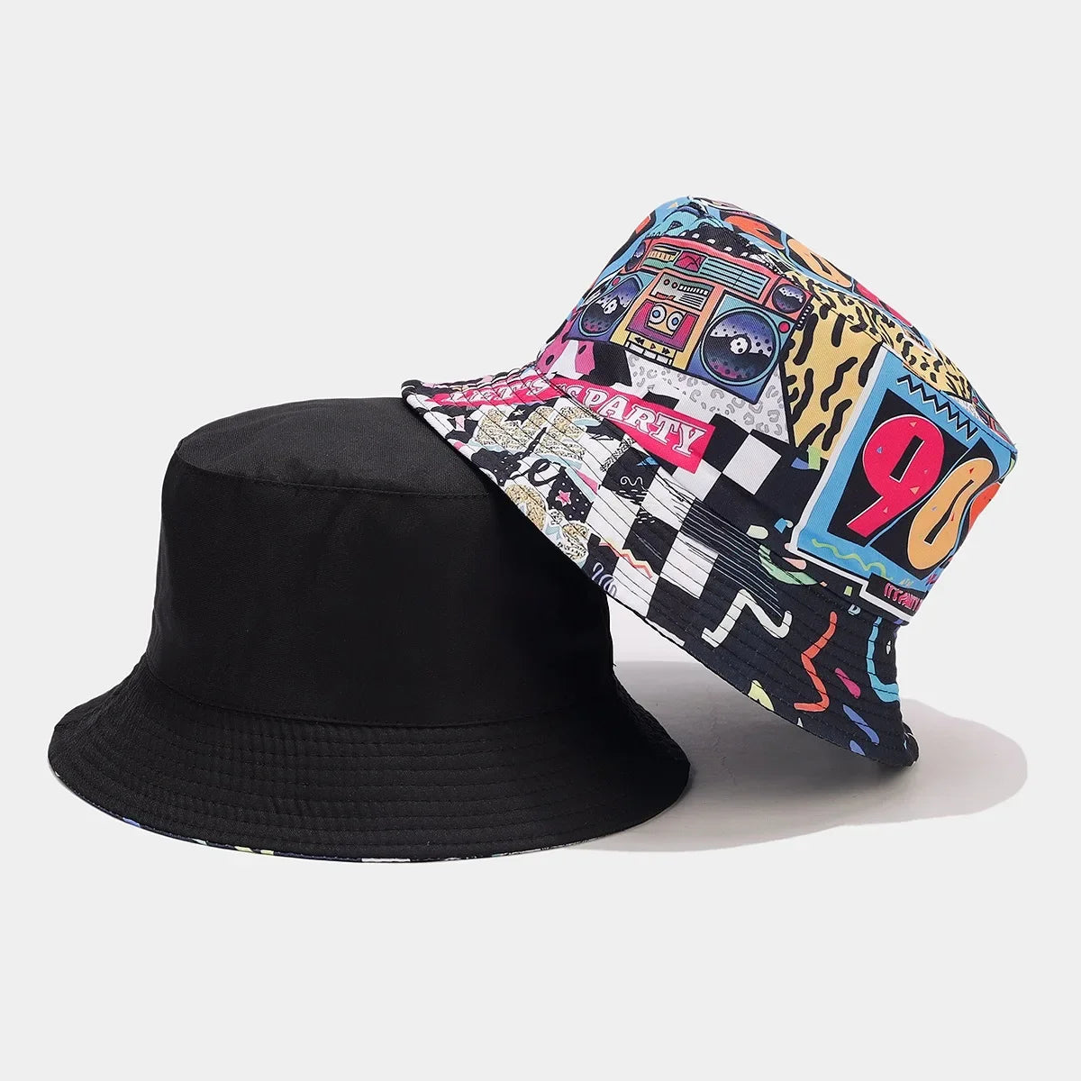 Summer Vintage 80 90 Party Graffiti Bucket Hat Men Women Reversible Panama European  American Classics Bob Fishing Beach Sun Hat