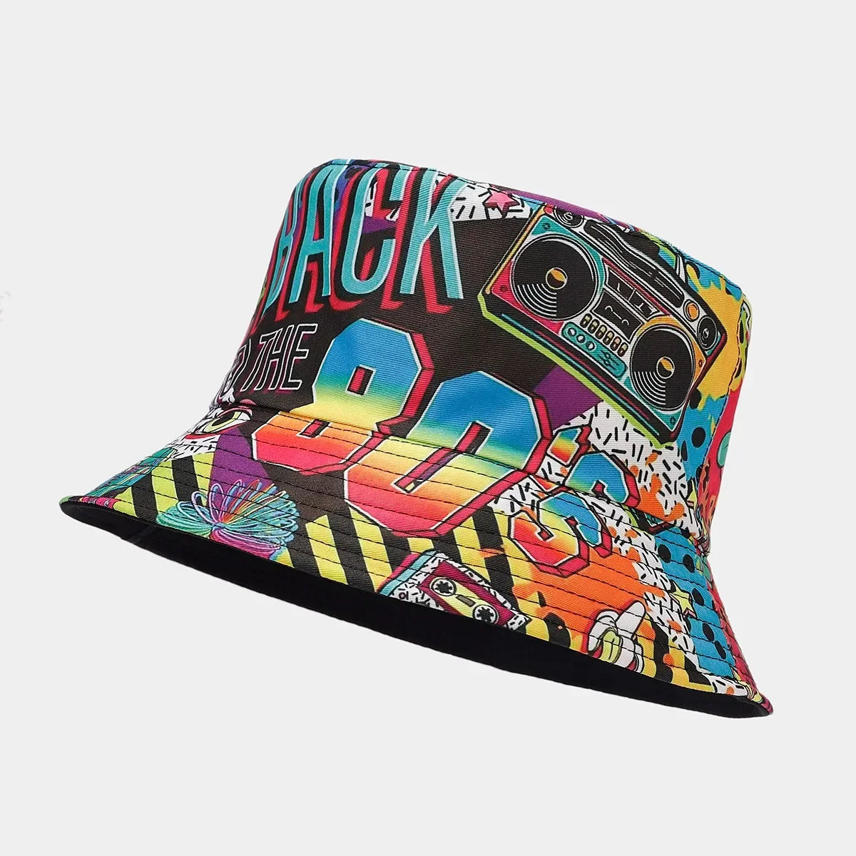 Summer Vintage 80 90 Party Graffiti Bucket Hat Men Women Reversible Panama European  American Classics Bob Fishing Beach Sun Hat