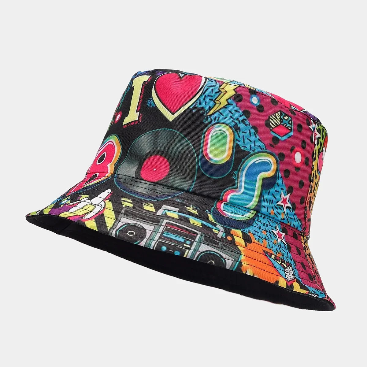 Summer Vintage 80 90 Party Graffiti Bucket Hat Men Women Reversible Panama European  American Classics Bob Fishing Beach Sun Hat