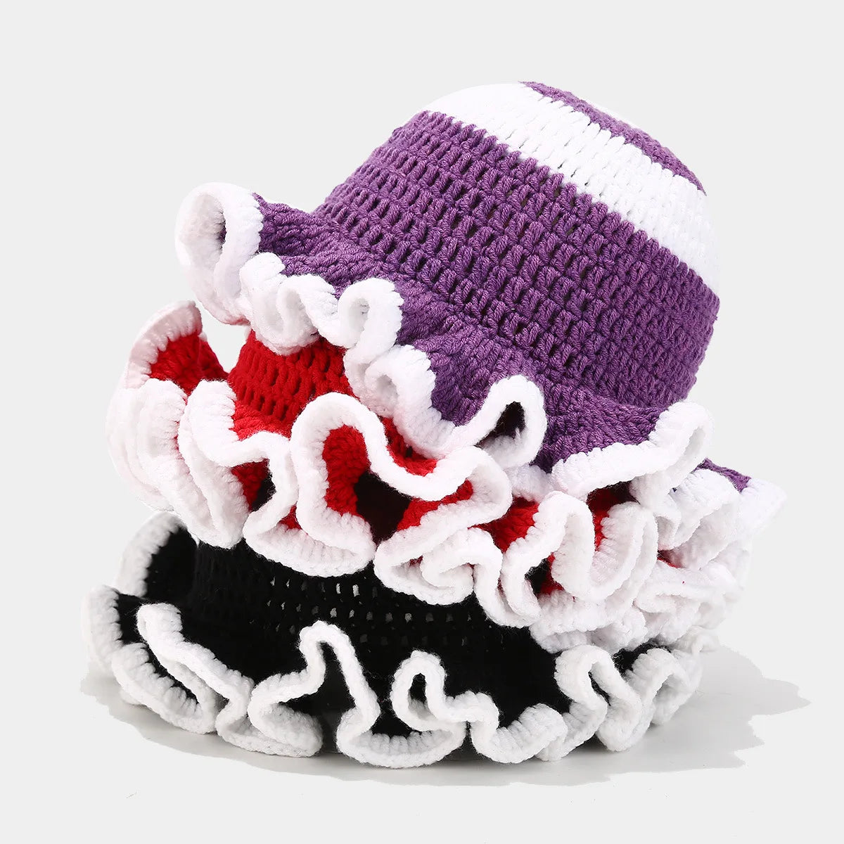 Ruffle Edge Knitted Bucket Hat Cross-border Hot Sale Hand Crocheted Hat Fashionable Colored Frilly Wool Bucket Hat