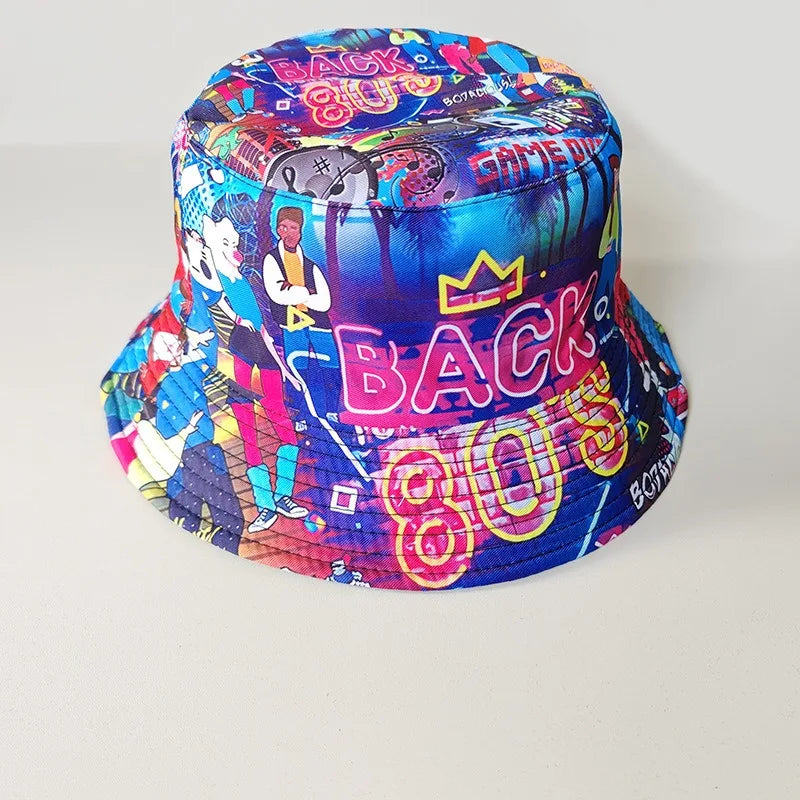 Graffiti bucket hat double-sided wearing retro sunshade sunscreen hat men and women outdoor versatile hip-hop printed pot hat