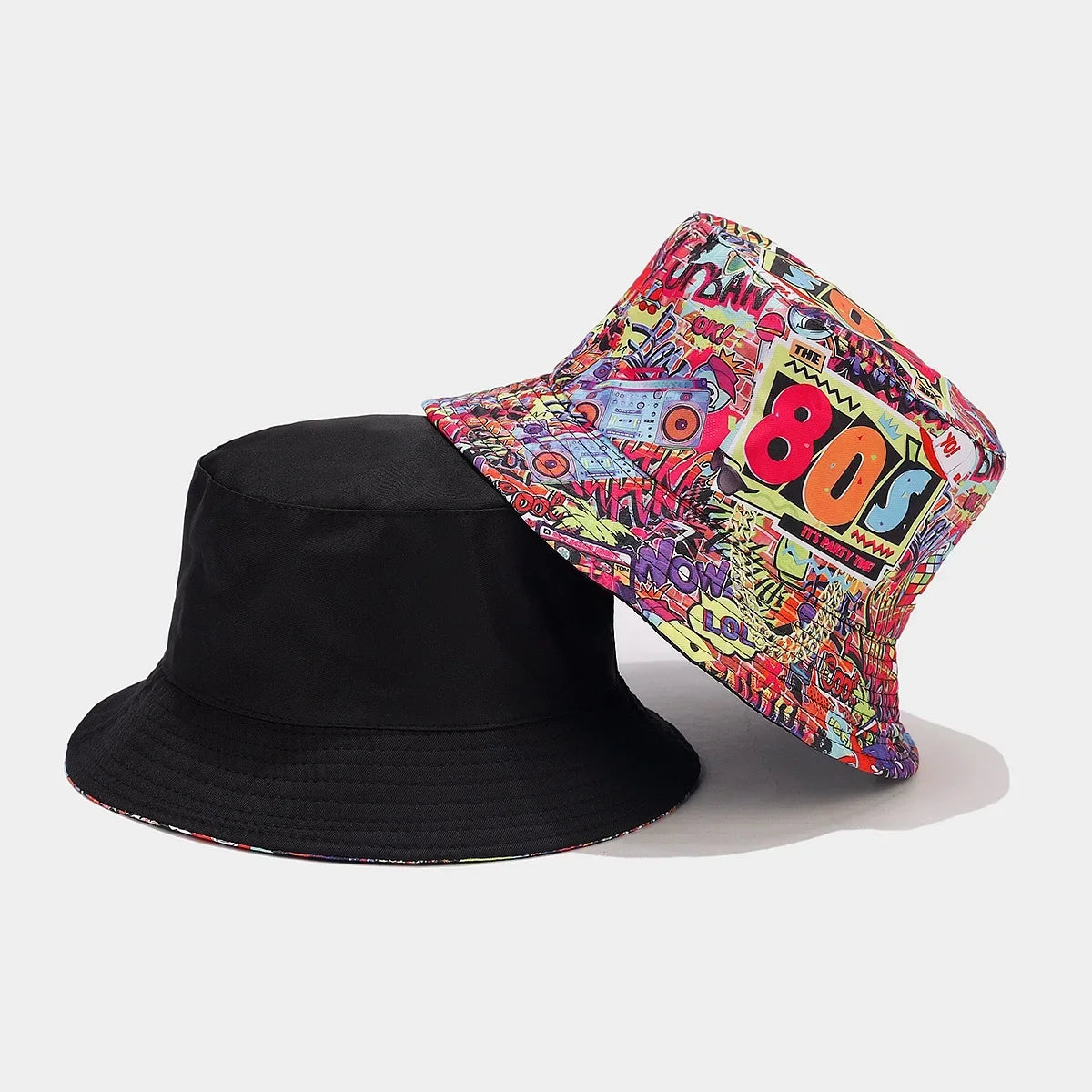 Summer Vintage 80 90 Party Graffiti Bucket Hat Men Women Reversible Panama European  American Classics Bob Fishing Beach Sun Hat