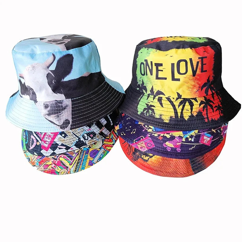 Graffiti bucket hat double-sided wearing retro sunshade sunscreen hat men and women outdoor versatile hip-hop printed pot hat