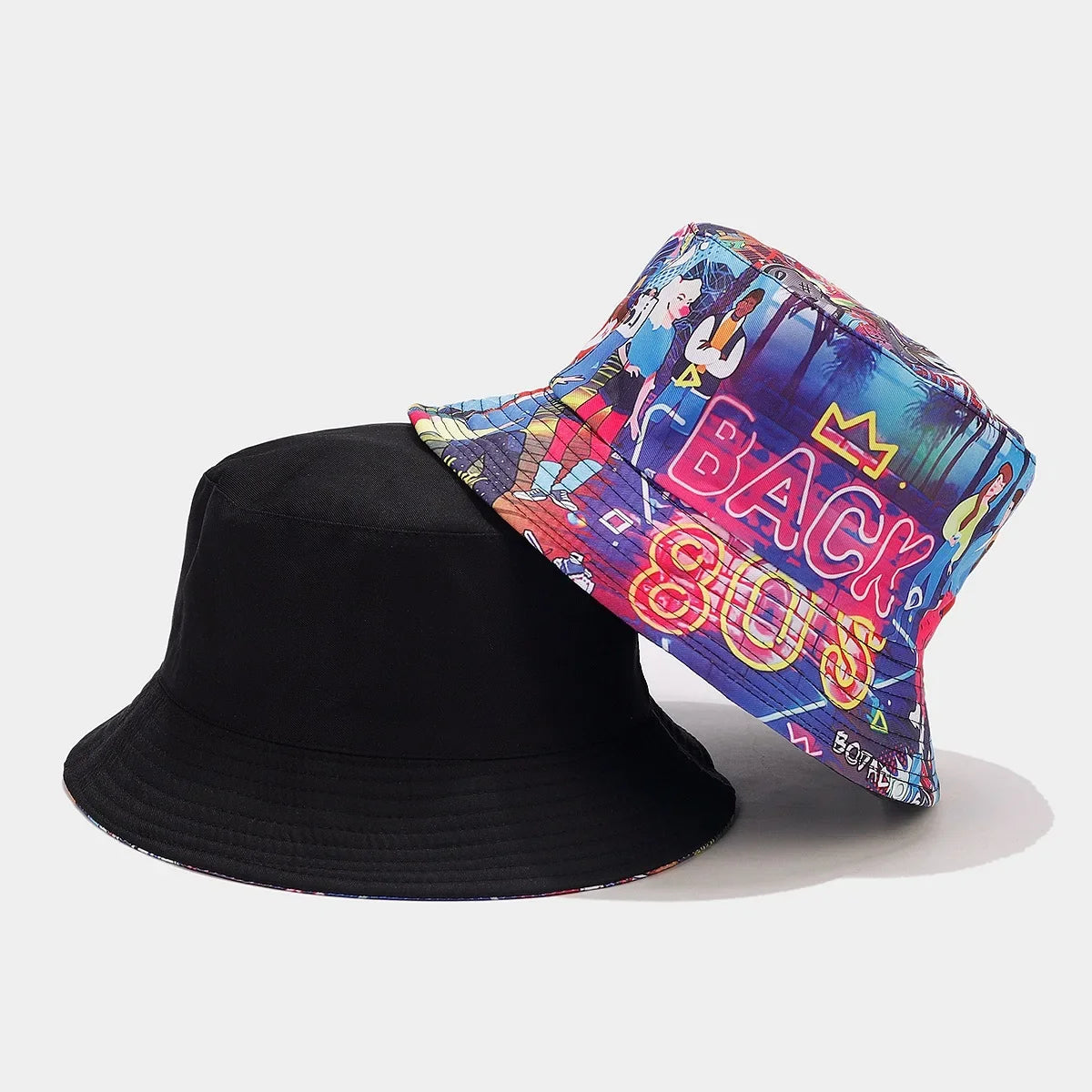 Summer Vintage 80 90 Party Graffiti Bucket Hat Men Women Reversible Panama European  American Classics Bob Fishing Beach Sun Hat