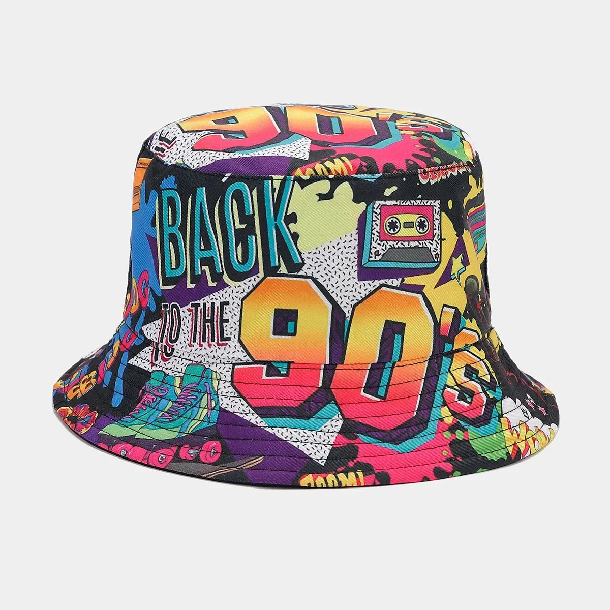 Summer Vintage 80 90 Party Graffiti Bucket Hat Men Women Reversible Panama European  American Classics Bob Fishing Beach Sun Hat