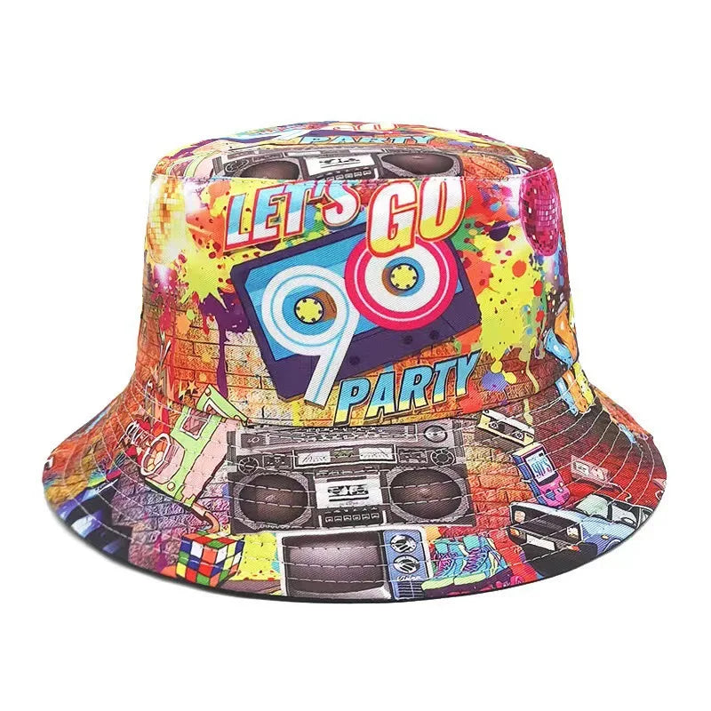 Graffiti bucket hat double-sided wearing retro sunshade sunscreen hat men and women outdoor versatile hip-hop printed pot hat
