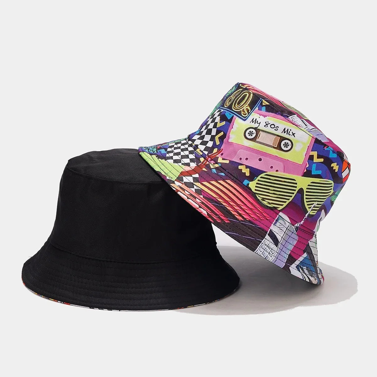 Summer Vintage 80 90 Party Graffiti Bucket Hat Men Women Reversible Panama European  American Classics Bob Fishing Beach Sun Hat