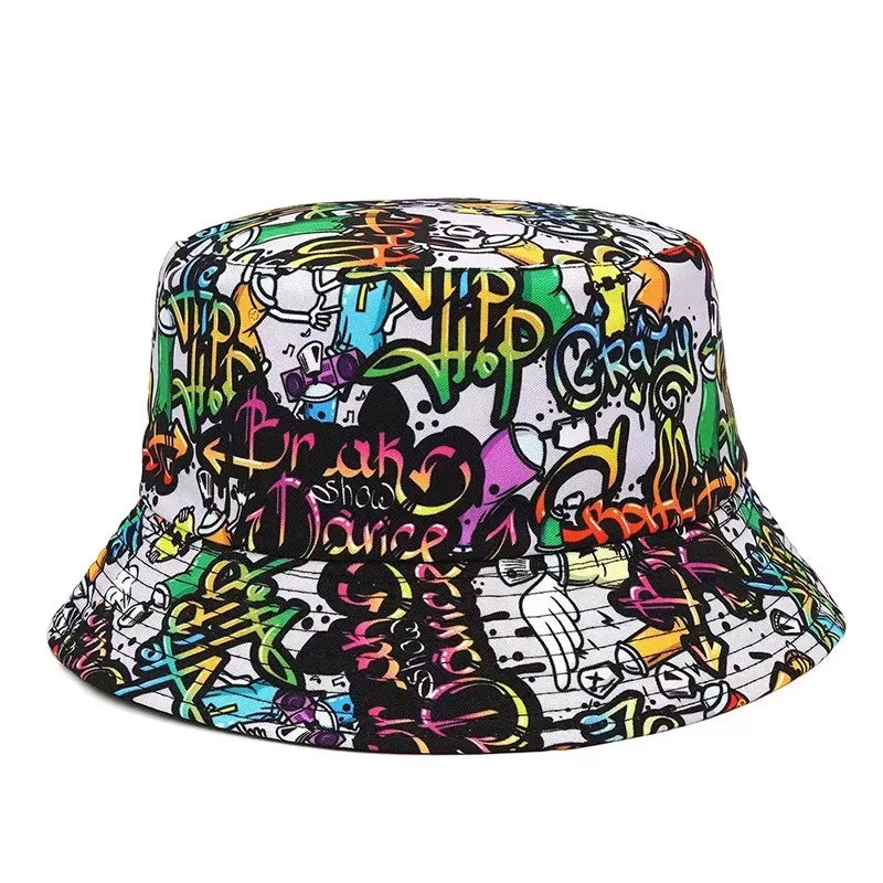 Graffiti bucket hat double-sided wearing retro sunshade sunscreen hat men and women outdoor versatile hip-hop printed pot hat