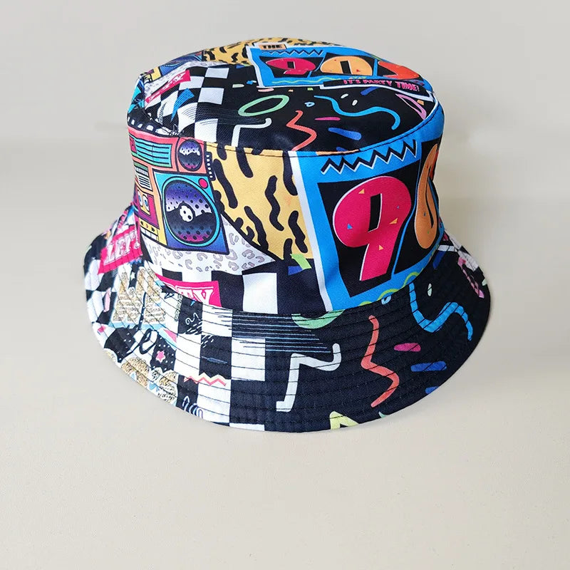 Graffiti bucket hat double-sided wearing retro sunshade sunscreen hat men and women outdoor versatile hip-hop printed pot hat