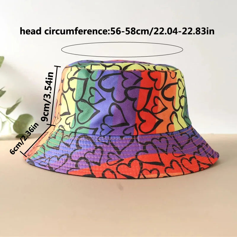 Rainbow Love Printed Reversible Bucket Hat European and American Men Fashionable Versatile Basin Hat Outdoor Sunshade Hat Women