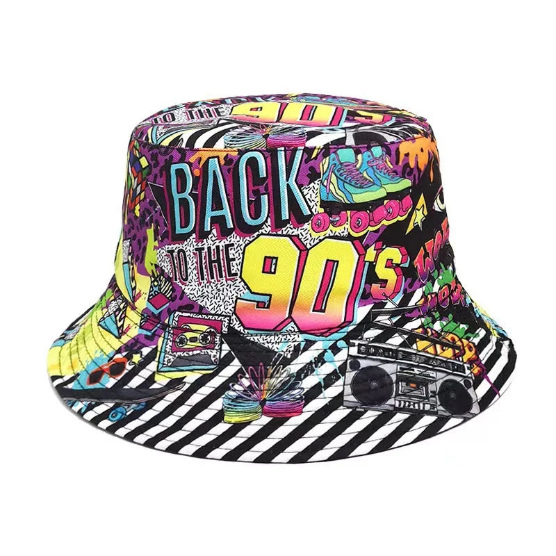 Graffiti bucket hat double-sided wearing retro sunshade sunscreen hat men and women outdoor versatile hip-hop printed pot hat