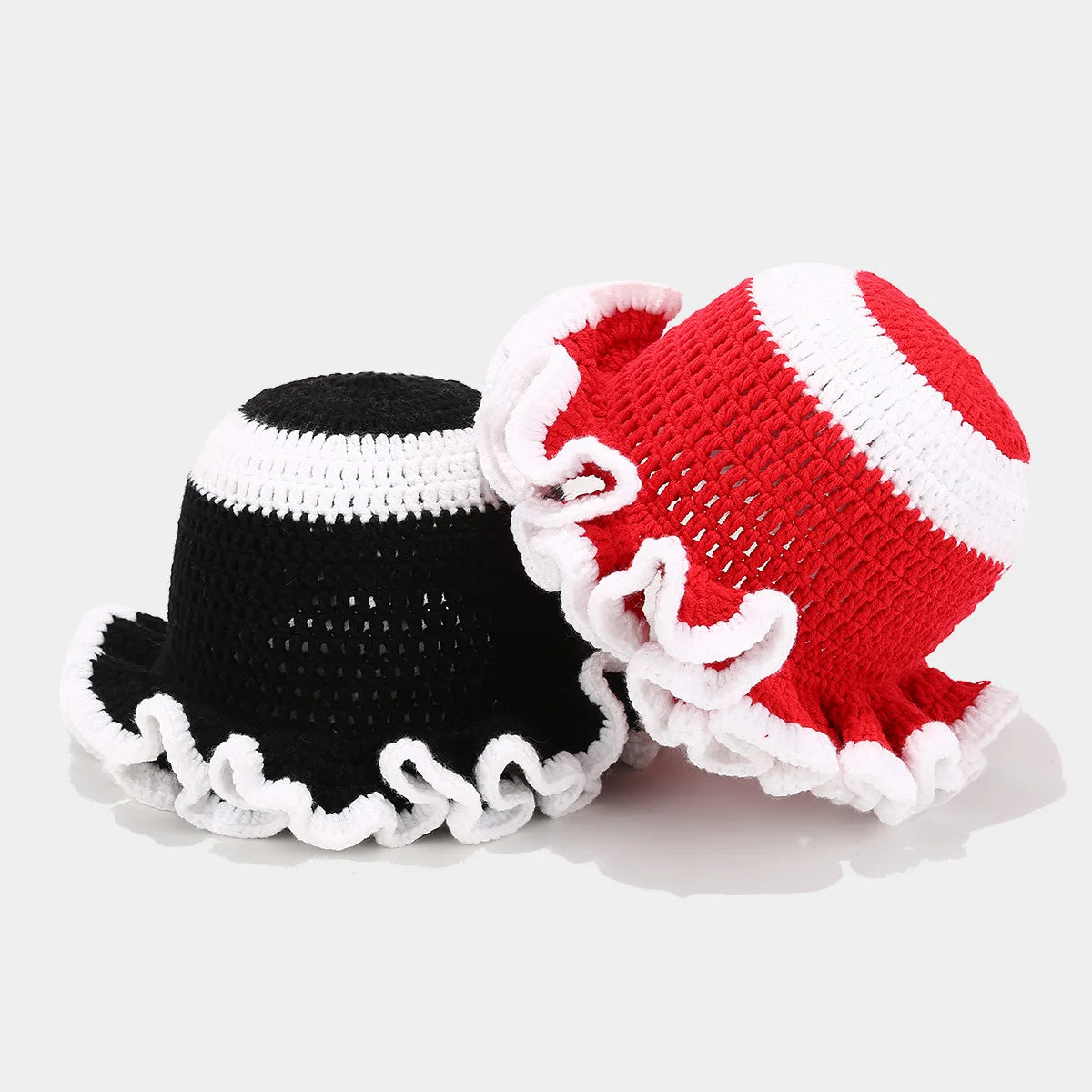 Ruffle Edge Knitted Bucket Hat Cross-border Hot Sale Hand Crocheted Hat Fashionable Colored Frilly Wool Bucket Hat