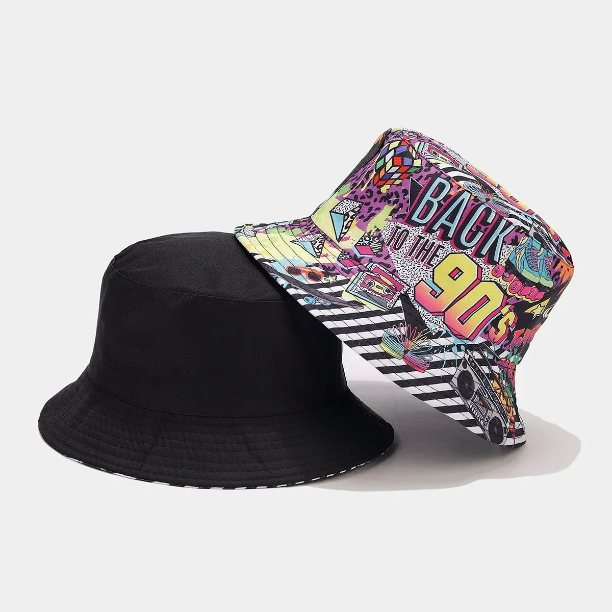 Summer Vintage 80 90 Party Graffiti Bucket Hat Men Women Reversible Panama European  American Classics Bob Fishing Beach Sun Hat