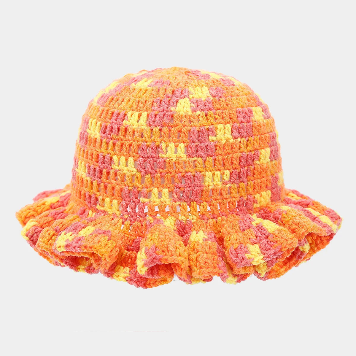 Ruffle Edge Knitted Bucket Hat Cross-border Hot Sale Hand Crocheted Hat Fashionable Colored Frilly Wool Bucket Hat