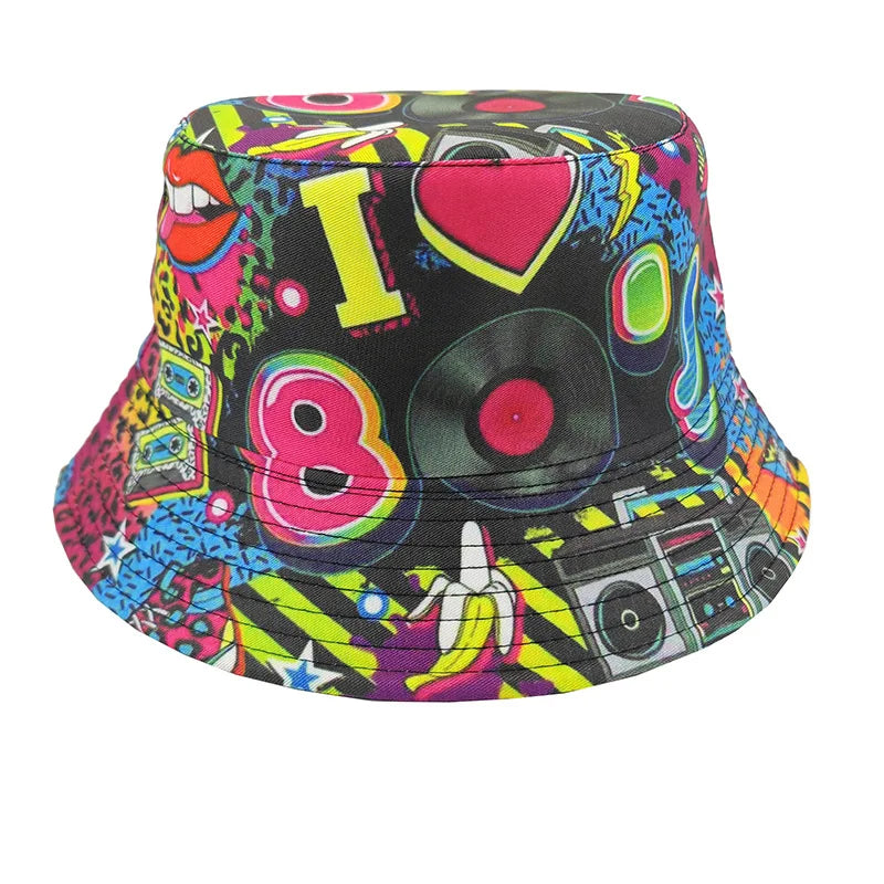 Graffiti bucket hat double-sided wearing retro sunshade sunscreen hat men and women outdoor versatile hip-hop printed pot hat