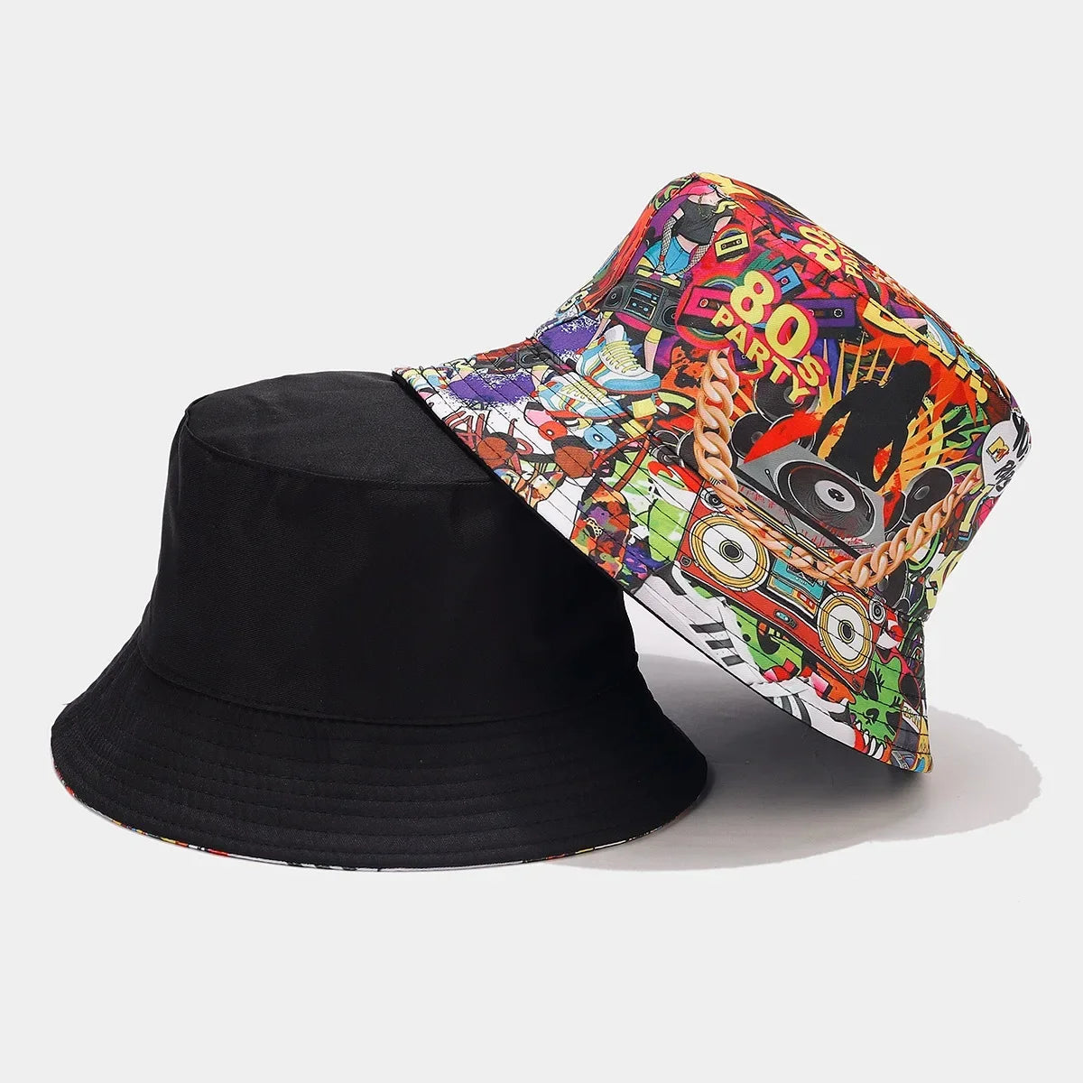 Summer Vintage 80 90 Party Graffiti Bucket Hat Men Women Reversible Panama European  American Classics Bob Fishing Beach Sun Hat