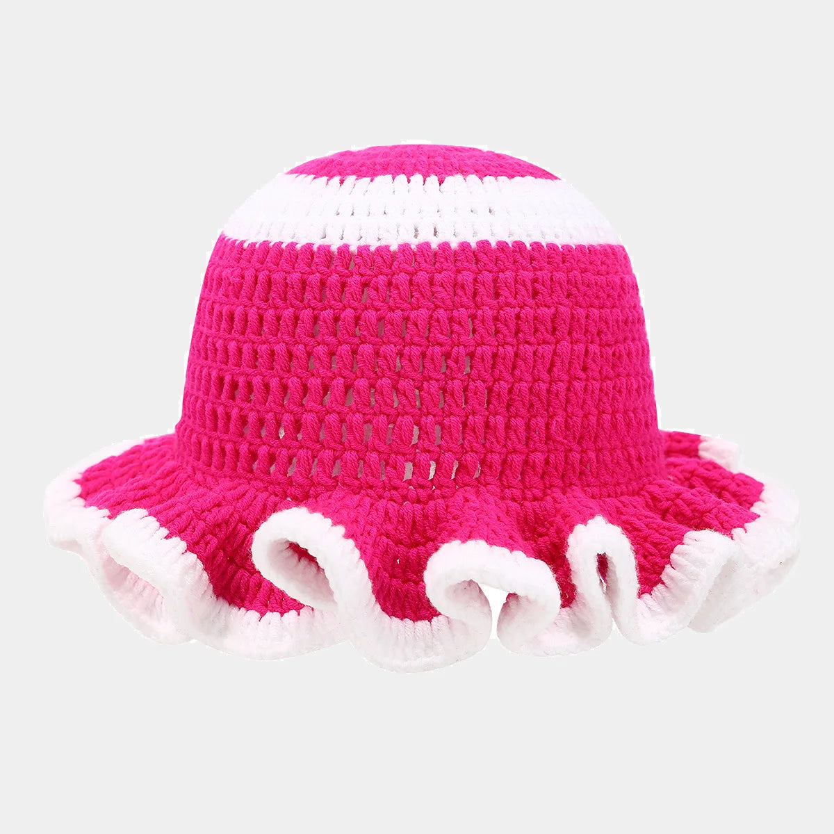 Ruffle Edge Knitted Bucket Hat Cross-border Hot Sale Hand Crocheted Hat Fashionable Colored Frilly Wool Bucket Hat
