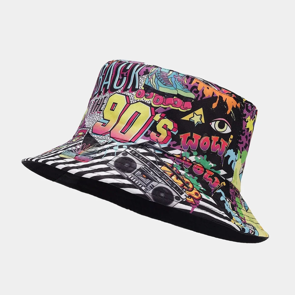 Summer Vintage 80 90 Party Graffiti Bucket Hat Men Women Reversible Panama European  American Classics Bob Fishing Beach Sun Hat