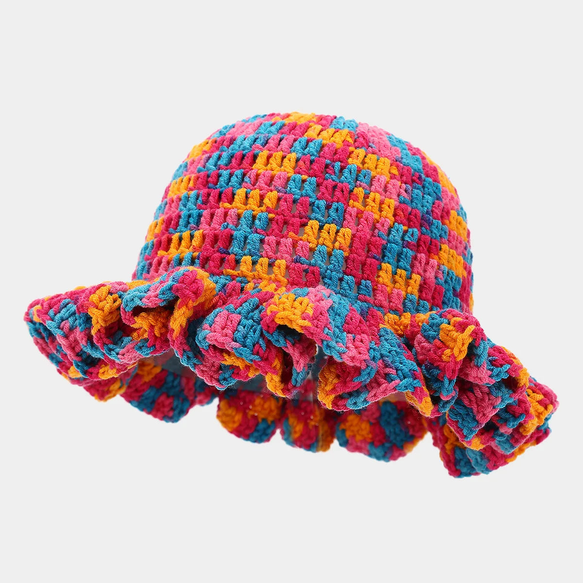 Ruffle Edge Knitted Bucket Hat Cross-border Hot Sale Hand Crocheted Hat Fashionable Colored Frilly Wool Bucket Hat