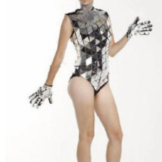 Mirror High Slit Bodysuit Lens Sequins Bodysuit Gogo Costume Women Nightclub Dj Ds Sexy Pole Dance Clothes Stage Outfit XS3536