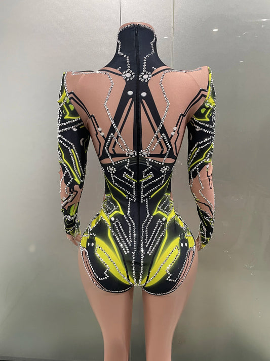 Women Sexy Sparkly Stretch Bodysuit Nightclub Bar Dj Gogo Dancers Group Jumpsuit Pole Dance Clothing Cosplay Stage Costumes